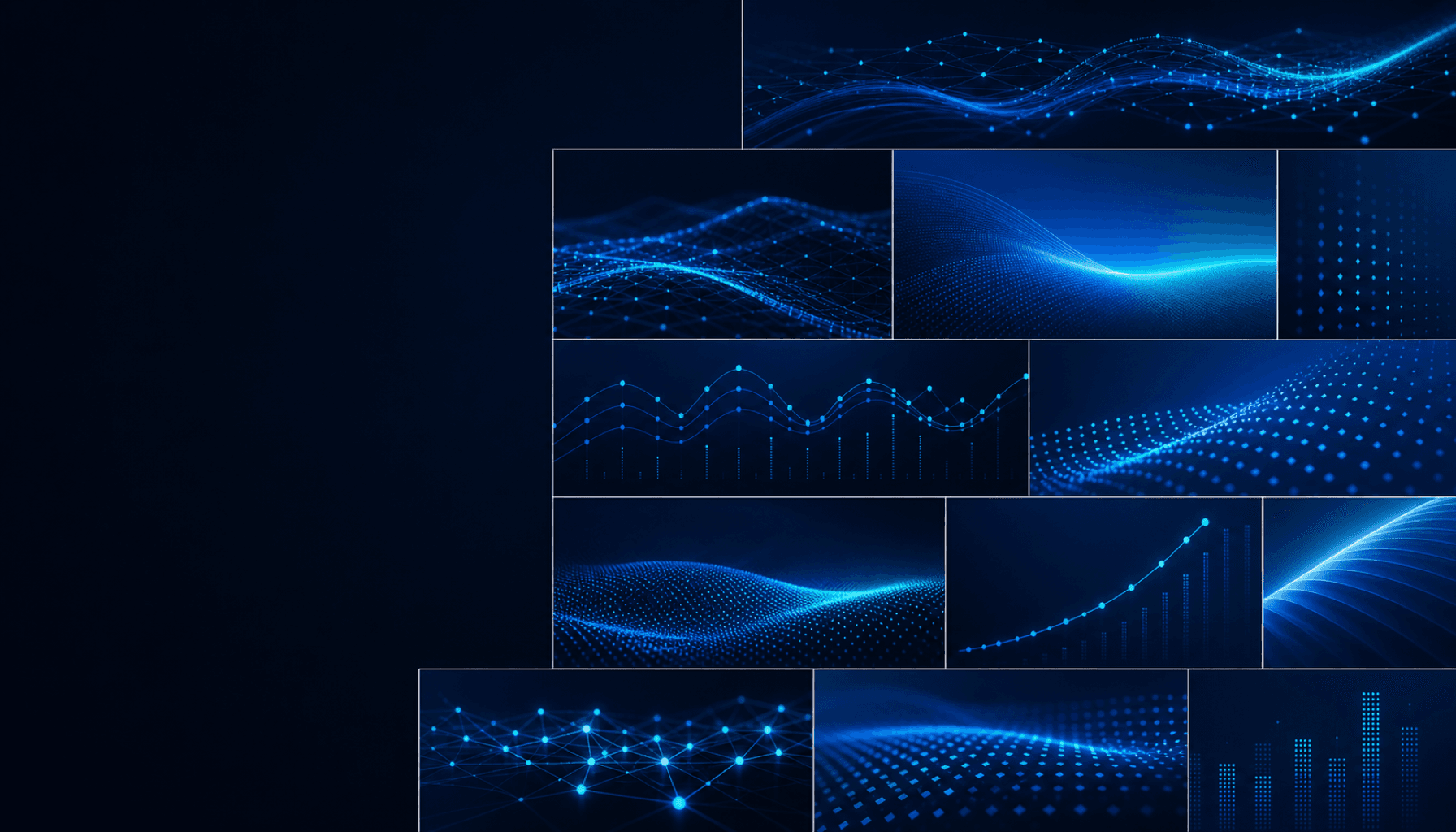 FDX Navyを背景に、Transform BlueとSignal Cyanの粒子ネットワークが流れる抽象ビジュアル