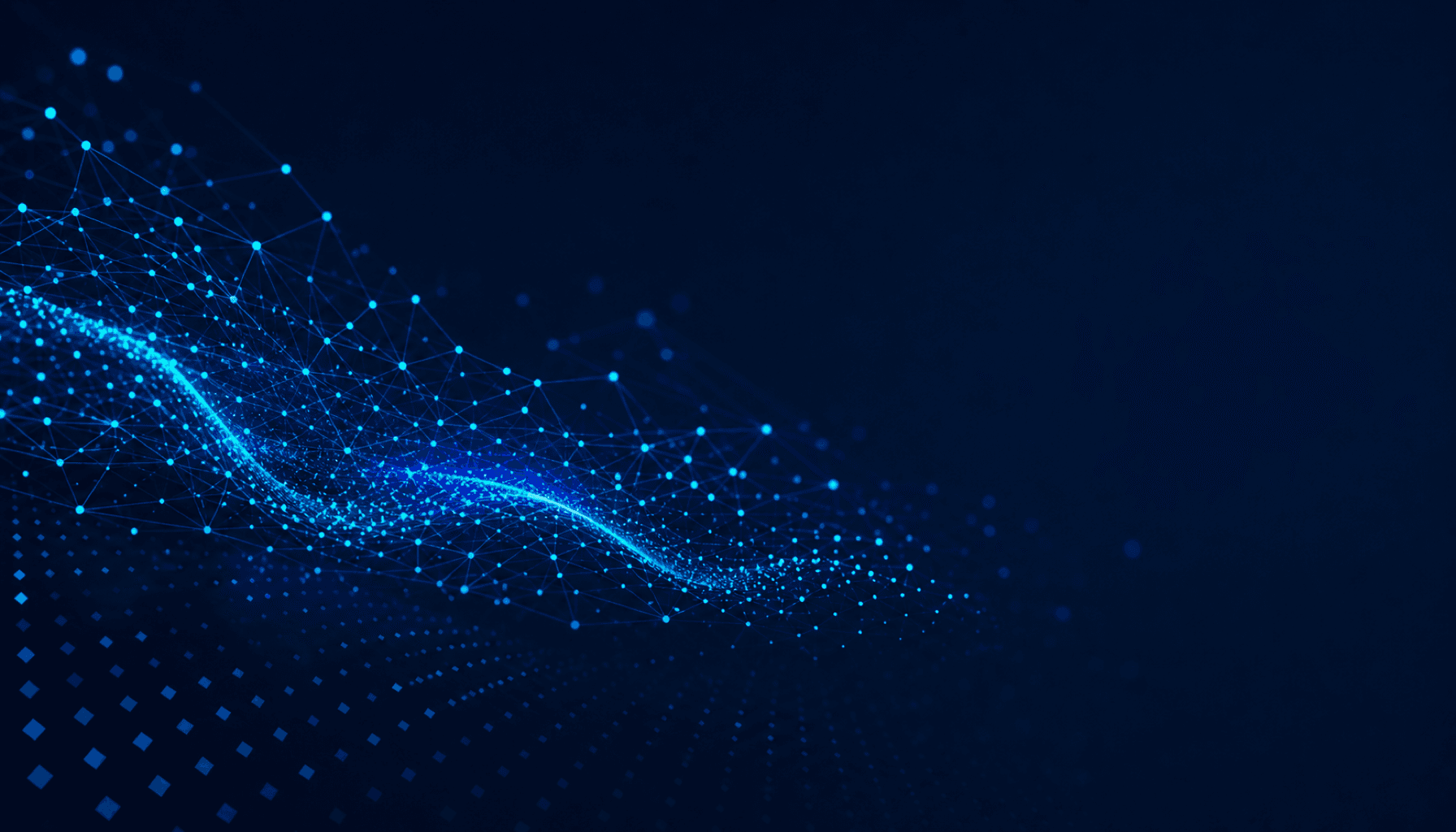 FDX Navyを背景に、Transform BlueとSignal Cyanの粒子ネットワークが流れる抽象ビジュアル
